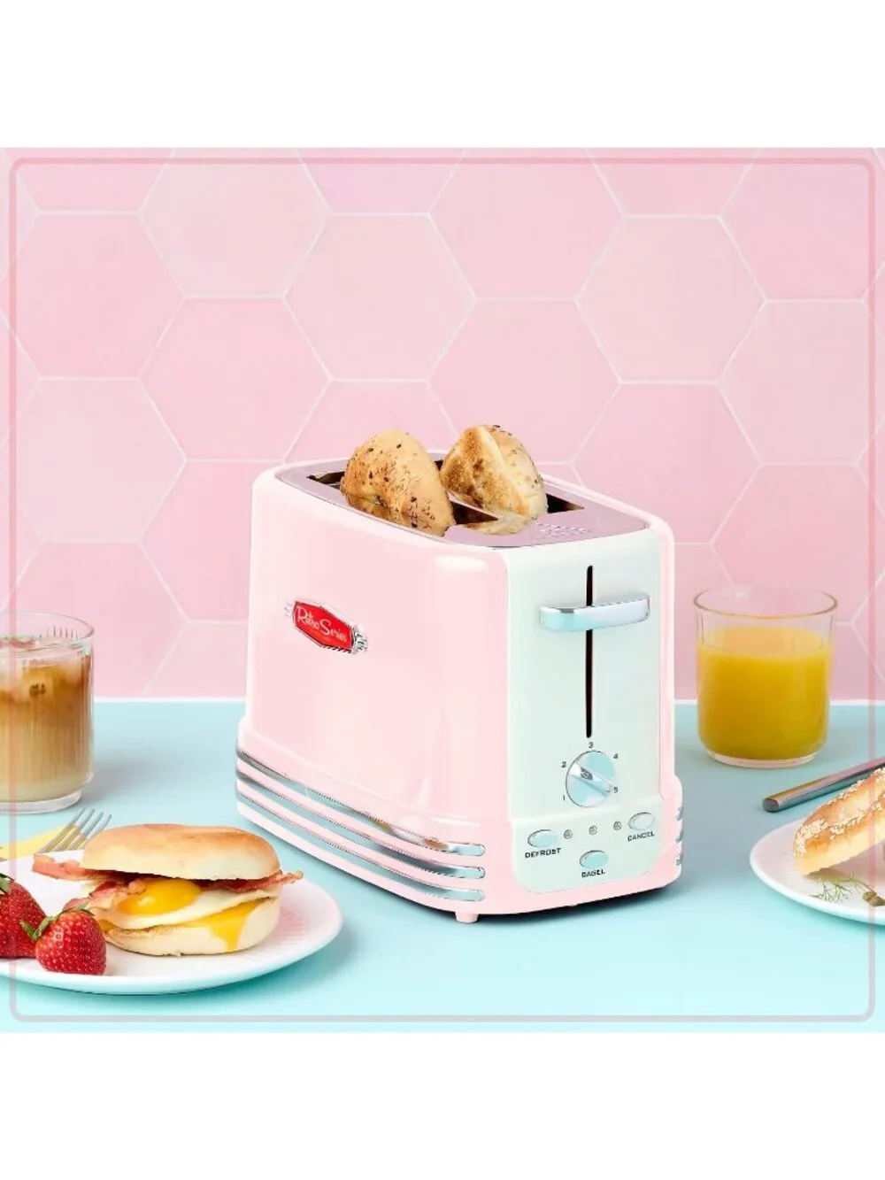 Retro Wide 2-Slice Pink Vintage Design With Crumb Stainless Steel Tray Toaster